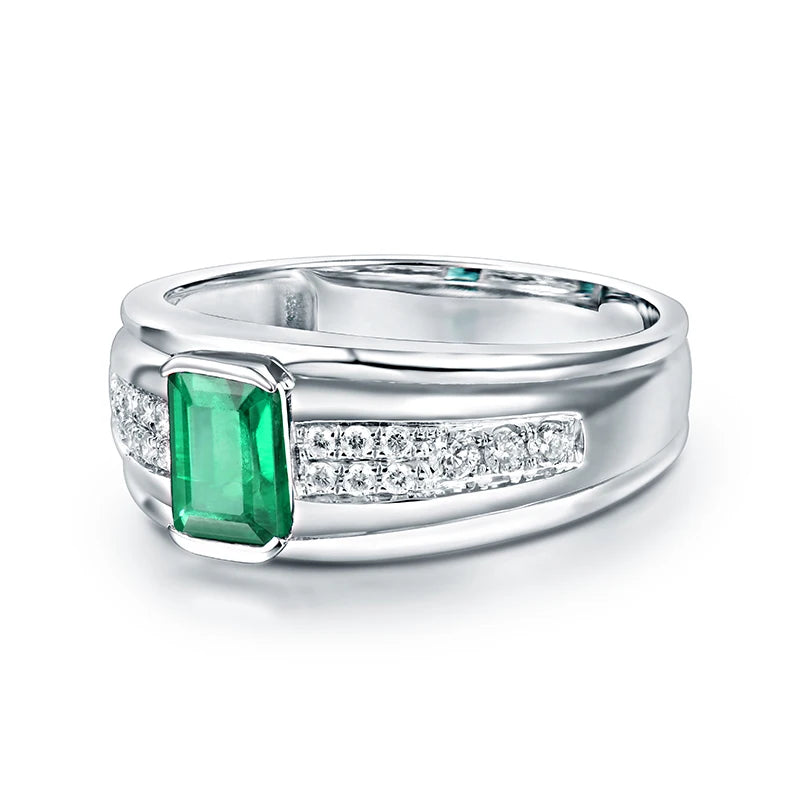 14K White Gold Emerald Diamond Engagement Ring for Men