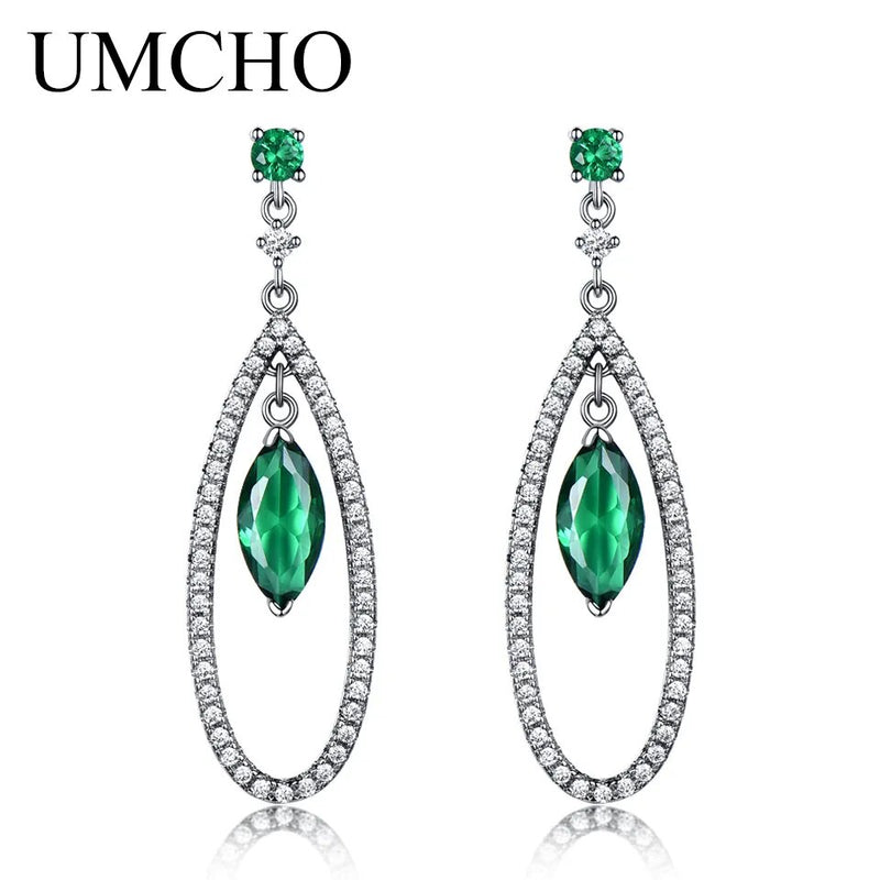 Solid Silver 925 Created Nano Emerald Marquise Drop Earrings for Women