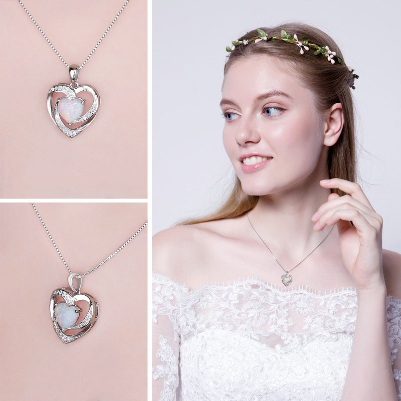 Sterling Silver Created Opal Heart Pendant Necklace for Women