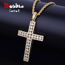 Gold Color Copper Bubble Letter Cross Pendant Necklace with Bling Zircon, for Men and Women