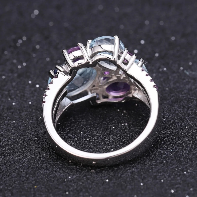 Sterling Silver Natural Sky Blue Topaz and Amethyst Candy Rings for Women