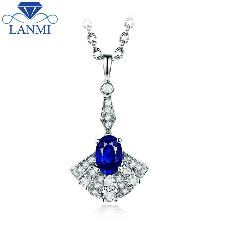 14K White Gold Oval Blue Sapphire Pendant Necklace for Women