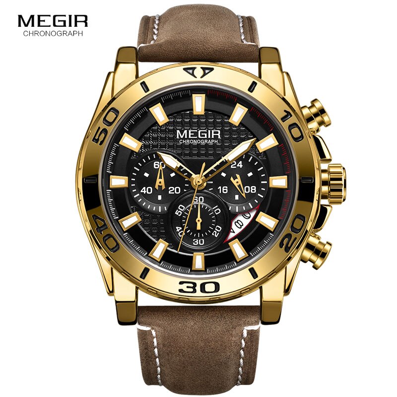 Gold Leather Strap Quartz Chronograph Watch for Men