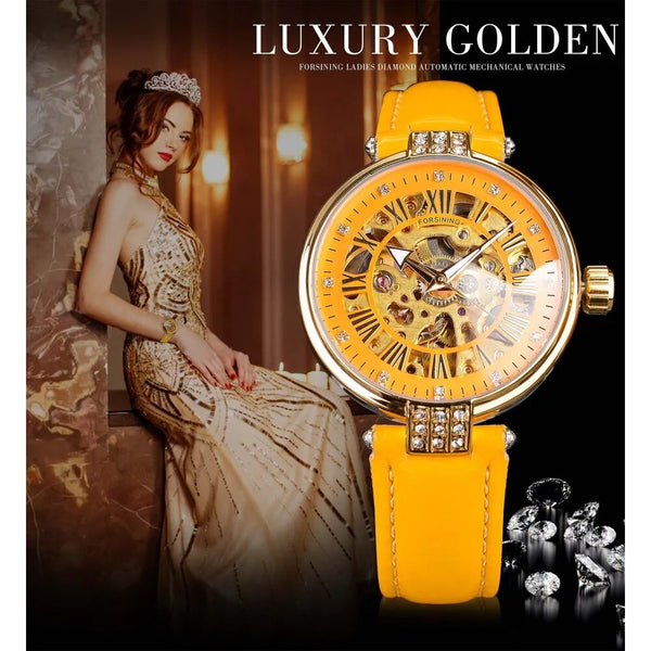 Yellow Gold Genuine Leather Ladies Skeleton Mechanical Wristwatch