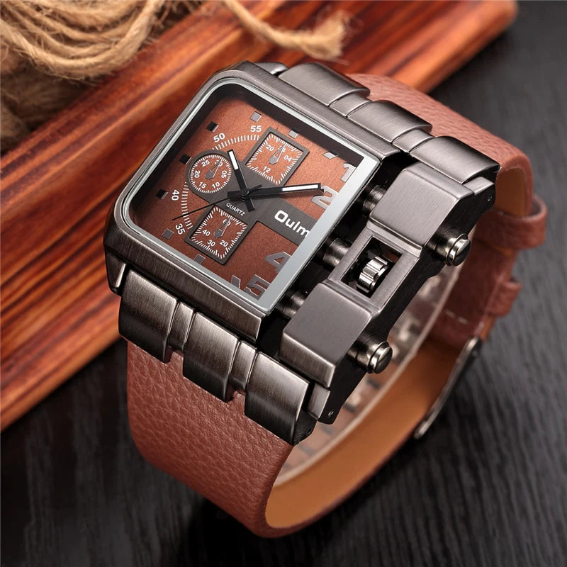 Unique Design Square Men's Wristwatch with Wide Dial and Leather Strap