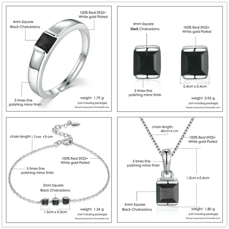 S925 Silver Black Chalcedony Jewelry Set 0.6ct for Women