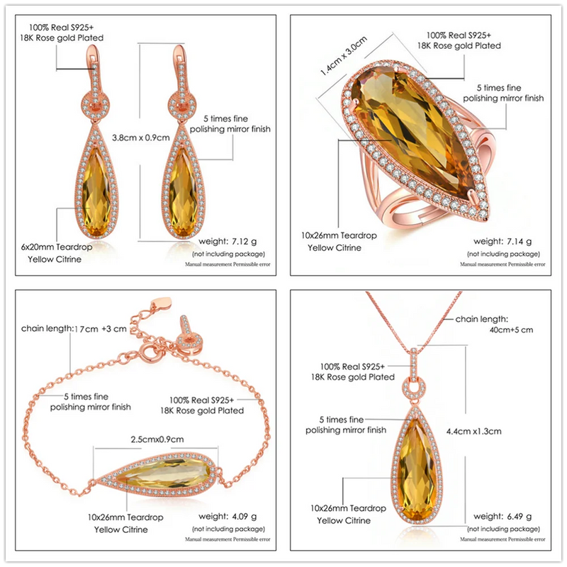 925 Sterling Silver Pear Citrine Jewelry Set for Women