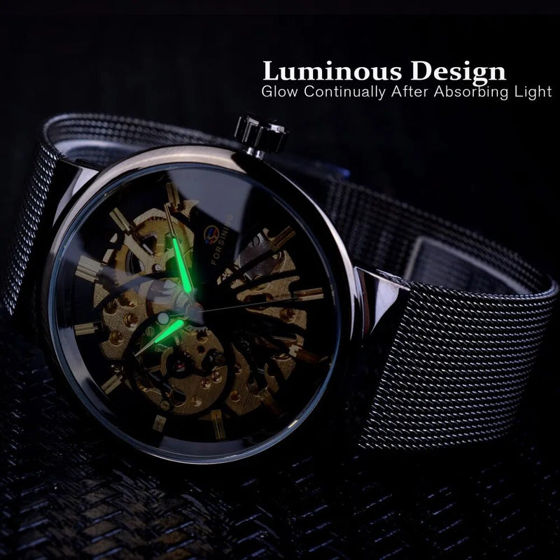 Stainless Steel Fashion Waterproof Mechanical Skeleton Watch for Unisex