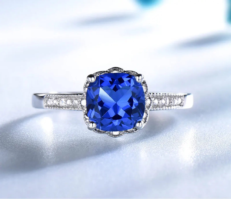 Sterling Silver Nano Sapphire Cushion Ring Women's