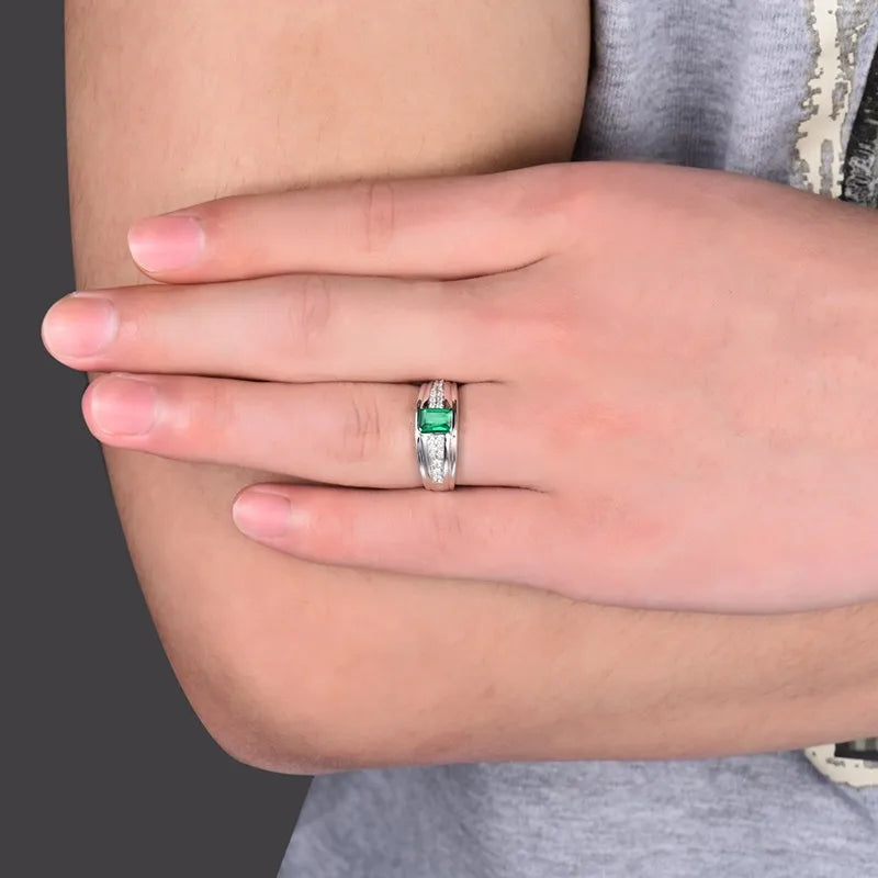 14K White Gold Emerald Diamond Engagement Ring for Men