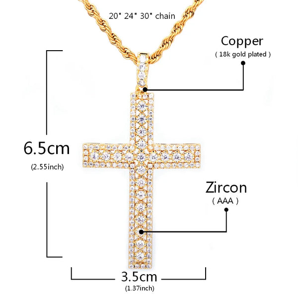 Gold Color Copper Bubble Letter Cross Pendant Necklace with Bling Zircon, for Men and Women