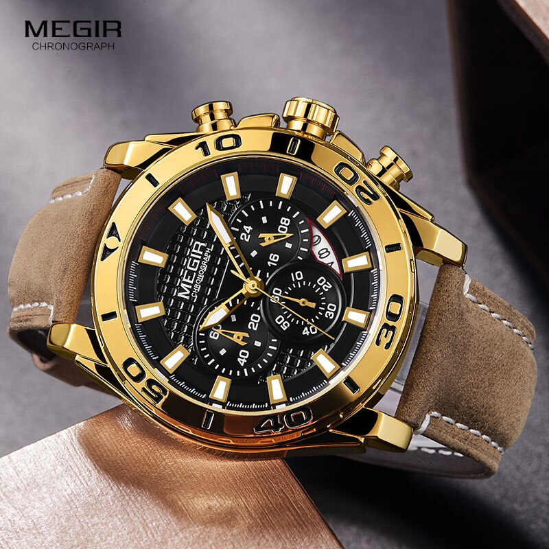 Gold Leather Strap Quartz Chronograph Watch for Men