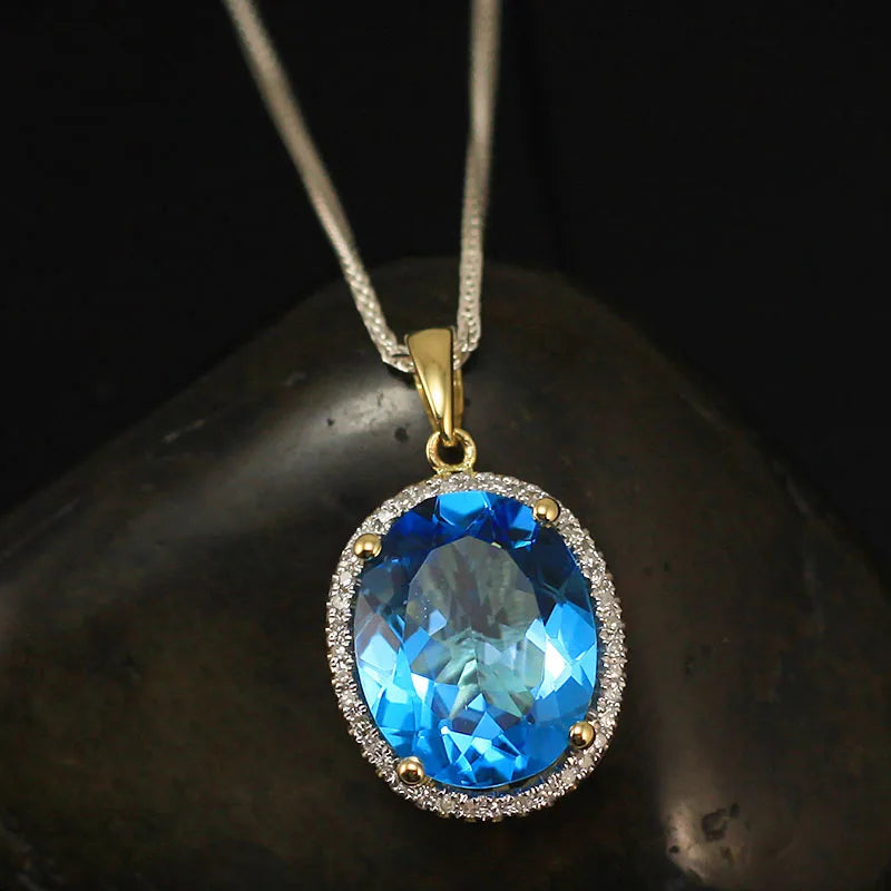 18K Yellow Gold Blue Topaz Diamond Pendant for Women