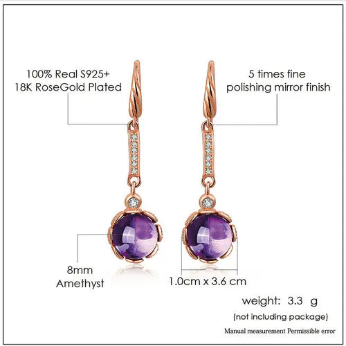 925 Sterling Silver Rose Gold Plated Amethyst Drop Earrings for Women