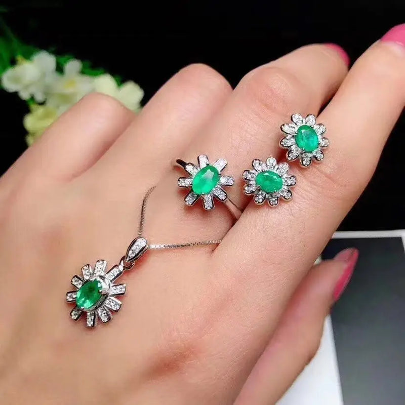 925 Silver Natural Emerald Set Ring Earrings Necklace for Her