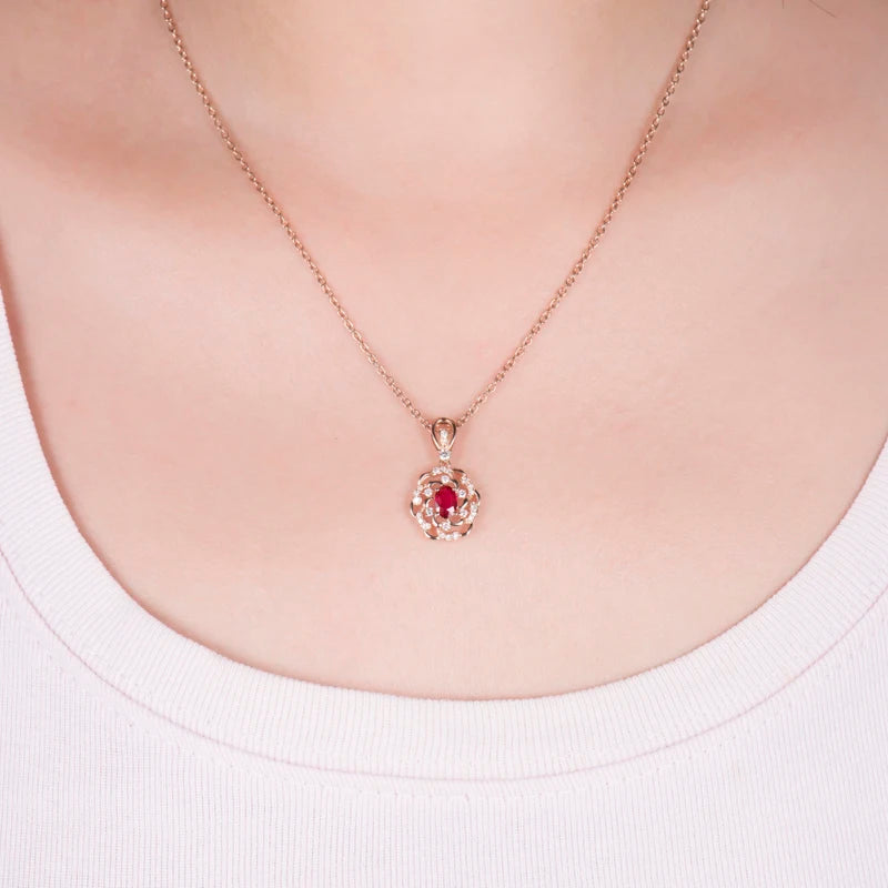 14K Rose Gold Red Ruby and Diamond Pendant Necklace for Women