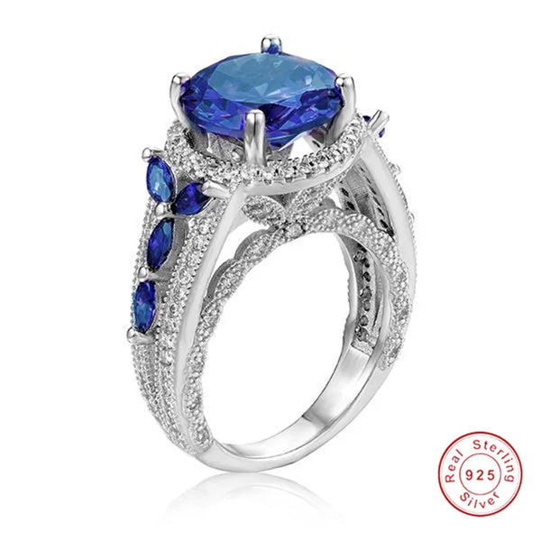 925 Sterling Silver Round Blue Sapphire Rings for Women