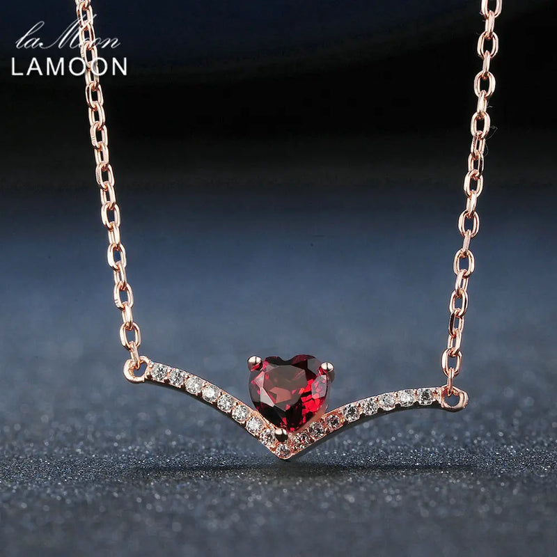 Sterling Silver 925 Red Garnet Heart Pendant Necklace Set For Women