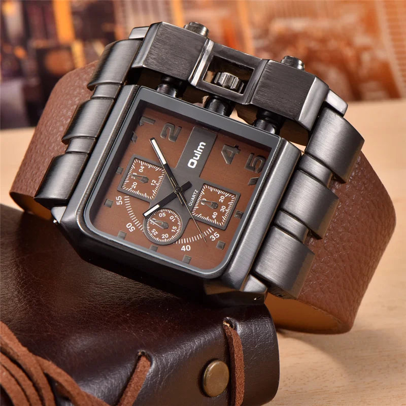 Unique Design Square Men's Wristwatch with Wide Dial and Leather Strap