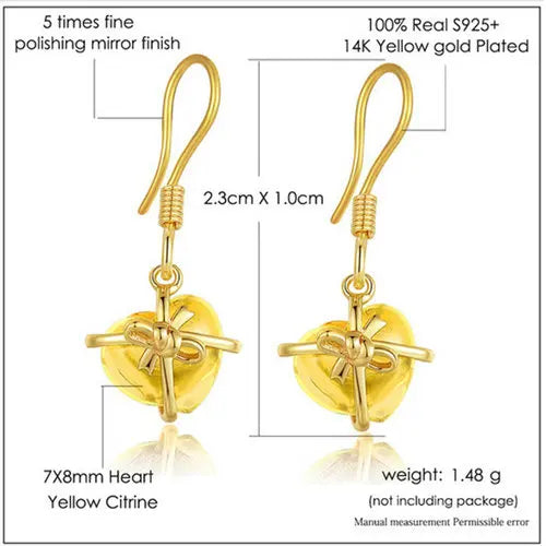 925 Sterling Silver, 14K Gold Plated Citrine Drop Earrings for Women