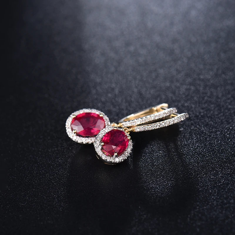 14K Yellow Gold Natural Red Ruby Diamond Earrings for Women