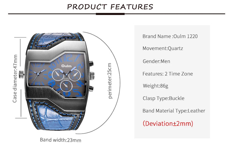 Luxury Military Quartz Watch with Unique Multi-Time Zone & Leather Strap for Men