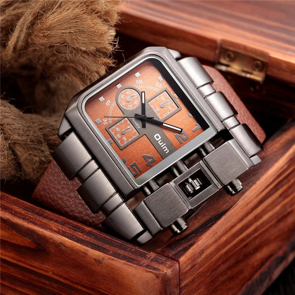 Unique Design Square Men's Wristwatch with Wide Dial and Leather Strap