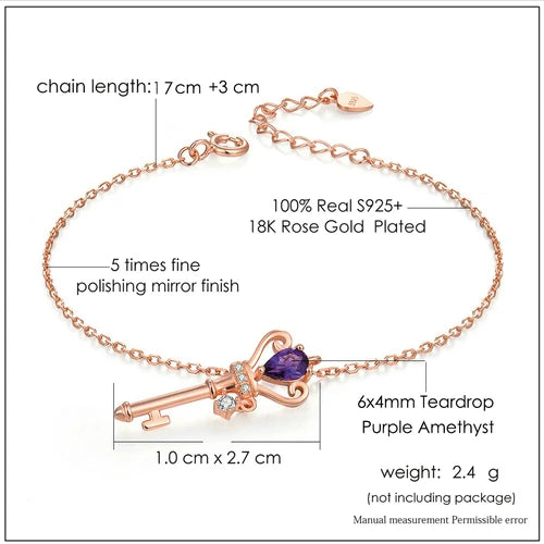 925 Sterling Silver Rose Gold Plated Teardrop Amethyst Charm Bracelet for Women