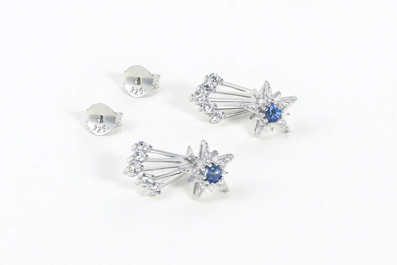 Sterling Silver White Gold Plated Blue Corundum Shooting Star Earrings for Women