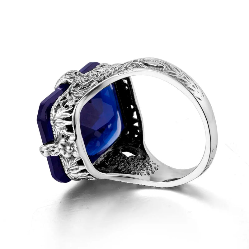 925 Sterling Silver Sapphire Square Engraved Ring for Women