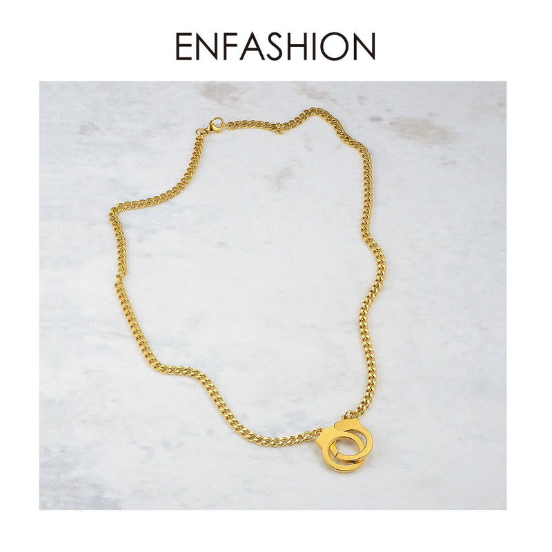 ENFASHION Punk Handcuffs Pendant Necklace Choker For Women Stainless Steel Link Chain Necklace Fashion Femme Jewelry Gifts P3013