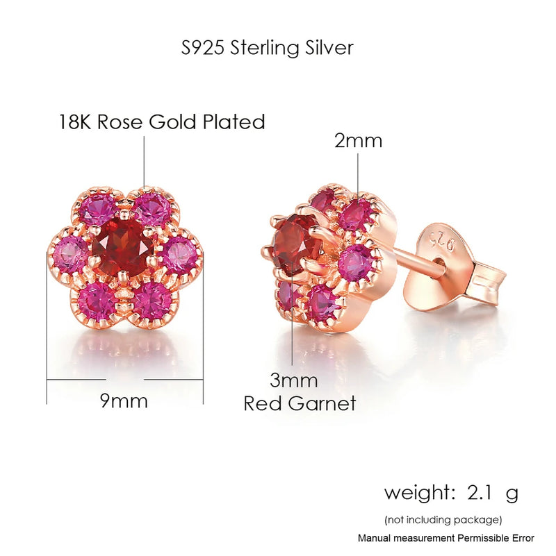 Rose Gold 925 Sterling Silver Natural Red Garnet Flower Earrings for Women