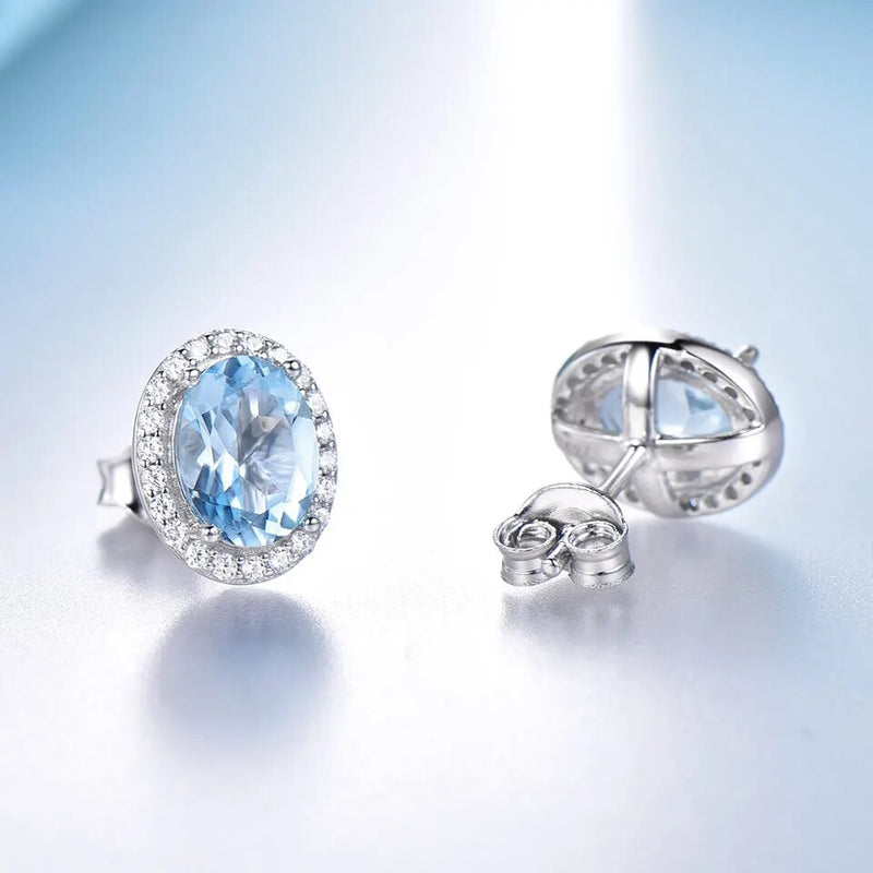 Sterling Silver Oval Sky Blue Topaz Stud Earrings for Women