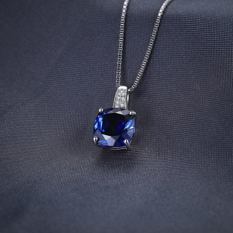 Sterling Silver Cushion Cut 4.7ct Blue Sapphire Pendant Necklace for Women