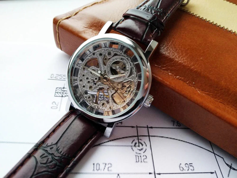 Transparent Leather Strap Skeleton Watch for Men