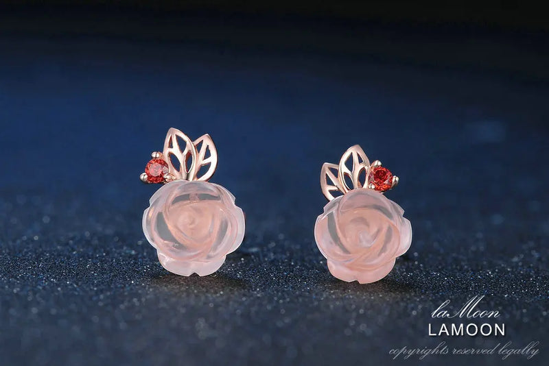 Sterling Silver Natural Rose Quartz Rose Flower Stud Earrings for Women