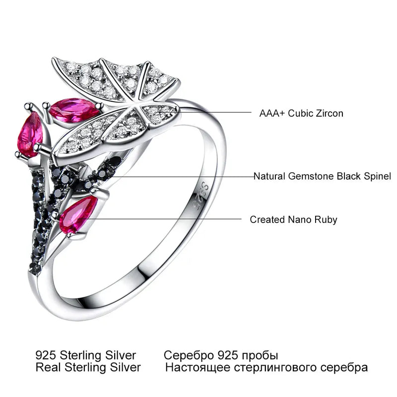 Sterling Silver Black Spinel & Ruby Butterfly Ring for Women