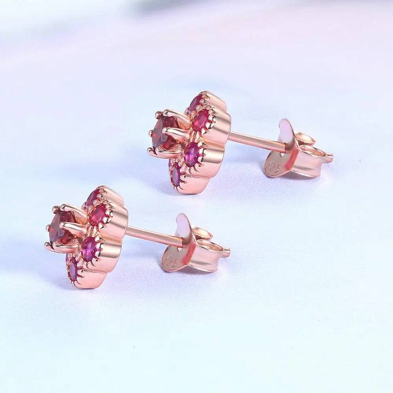 Rose Gold 925 Sterling Silver Natural Red Garnet Flower Earrings for Women