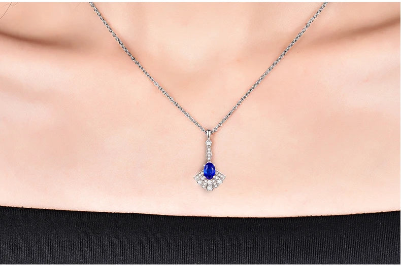 14K White Gold Oval Blue Sapphire Pendant Necklace for Women