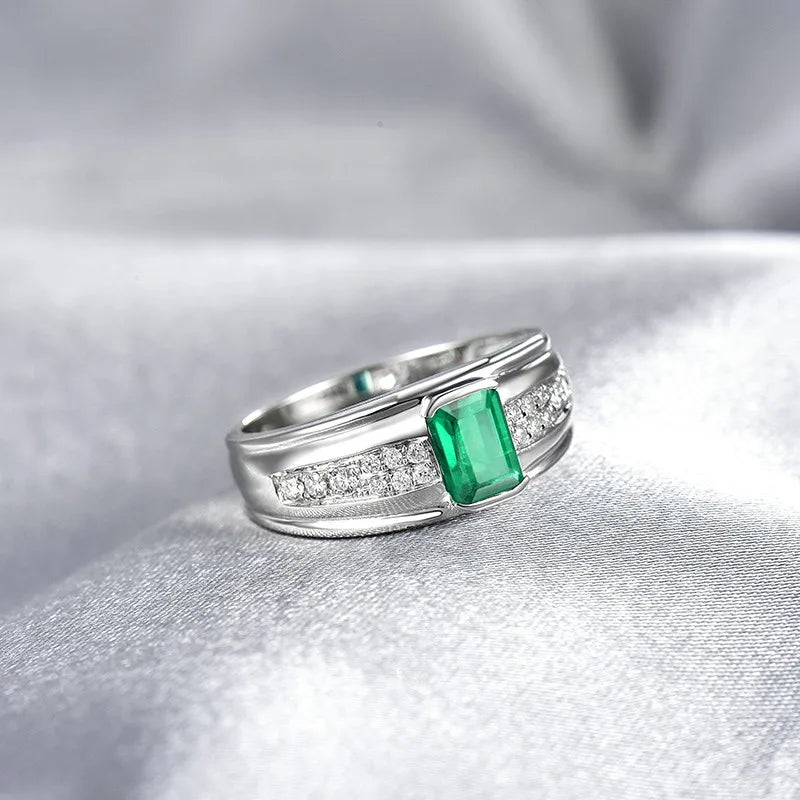 14K White Gold Emerald Diamond Engagement Ring for Men