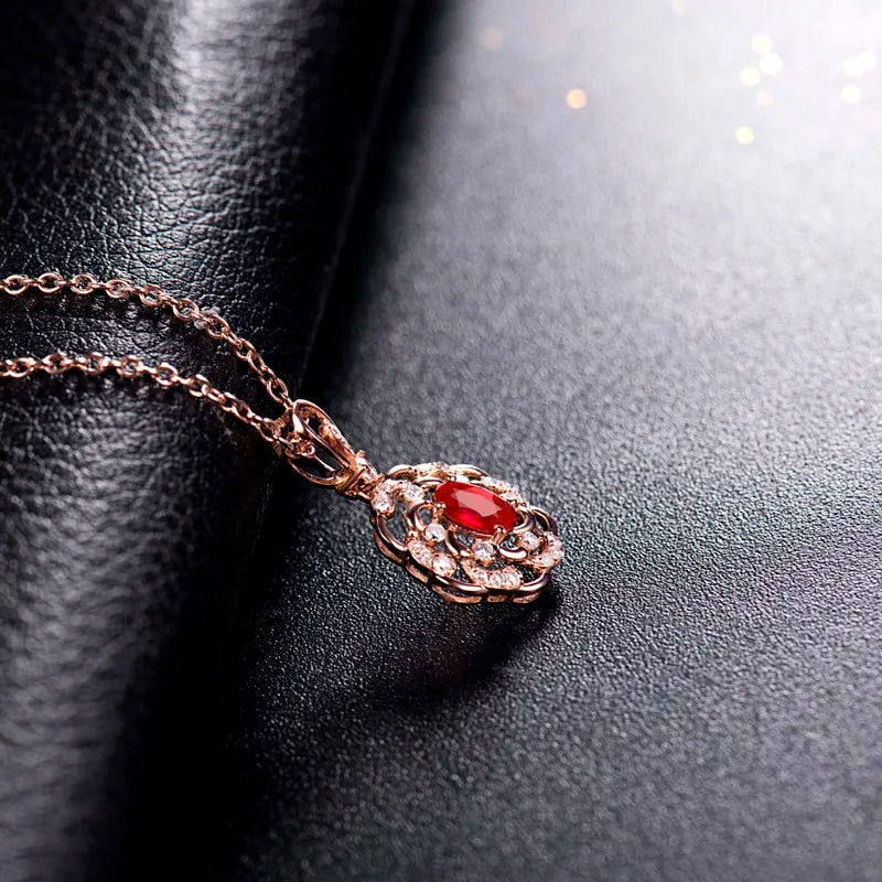 14K Rose Gold Red Ruby and Diamond Pendant Necklace for Women