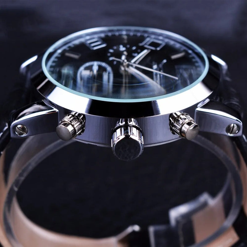 Silver Case Automatic Watch with Genuine Leather Strap for Men