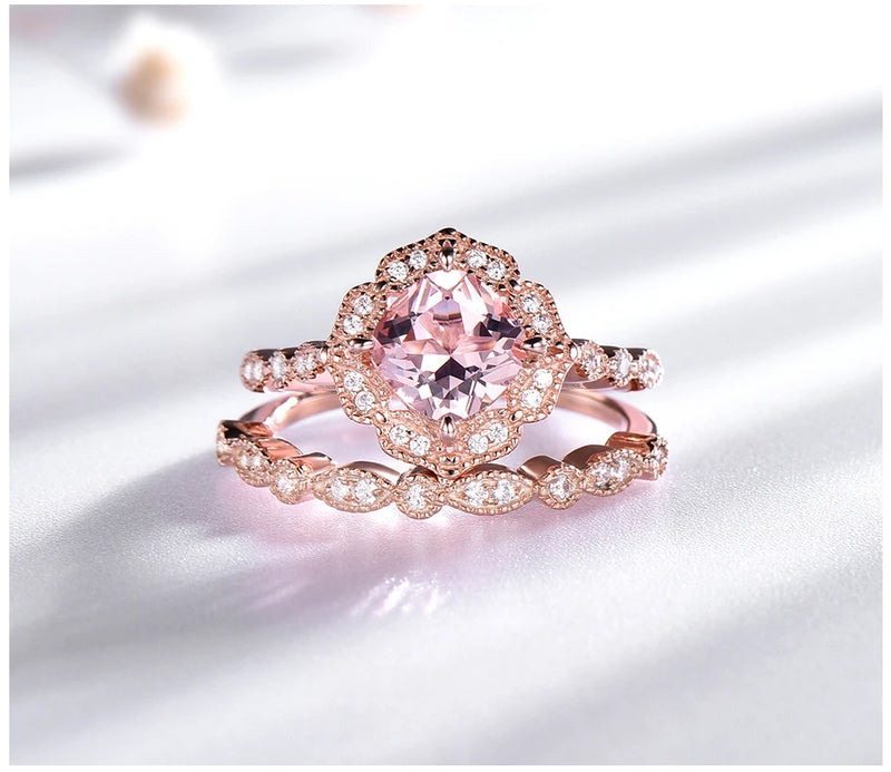 Sterling Silver Nano Morganite Rose Gold Plated Double Rings 7mm for Women