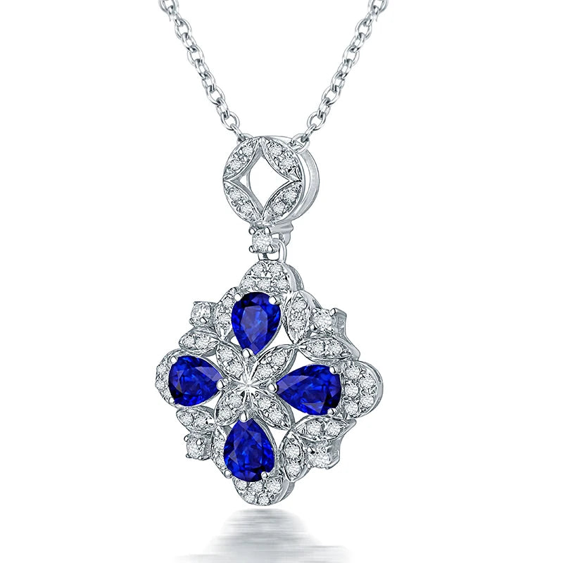 14K White Gold Blue Sapphire Diamond Pendant Necklace for Women