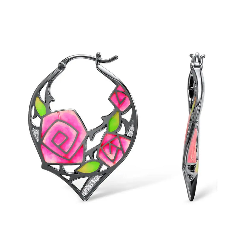 925 Sterling Silver Black Plated Rose Flower Enamel Hoop Earrings for Women