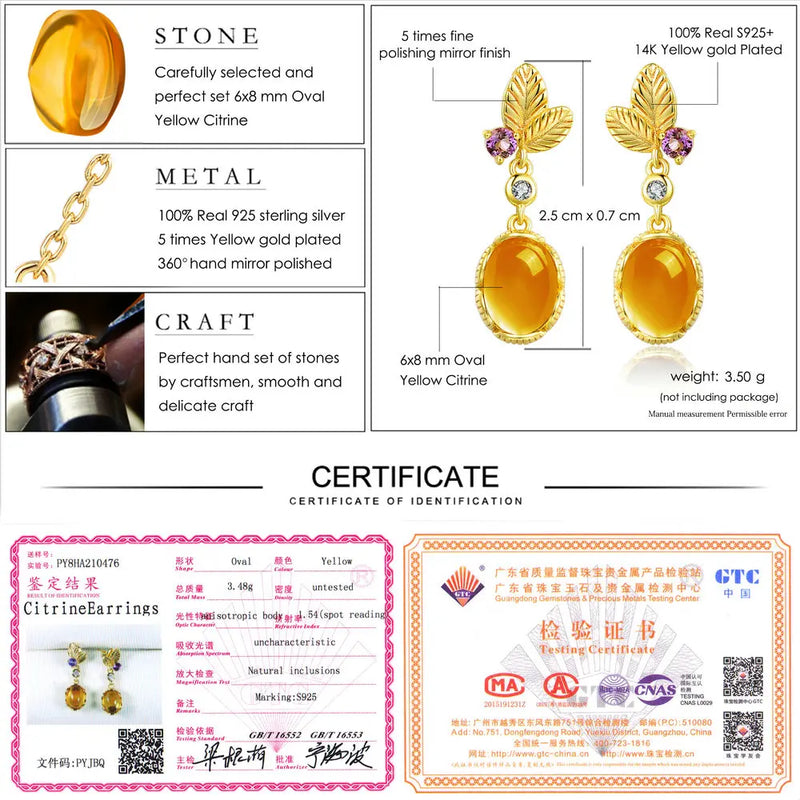 Sterling Silver Citrine Drop Earrings Leaf Shape for Women