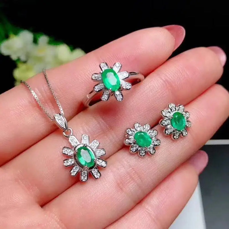 925 Silver Natural Emerald Set Ring Earrings Necklace for Her