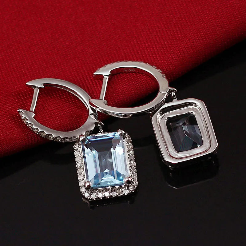 14K White Gold Light Blue Topaz Diamond Earrings for Women