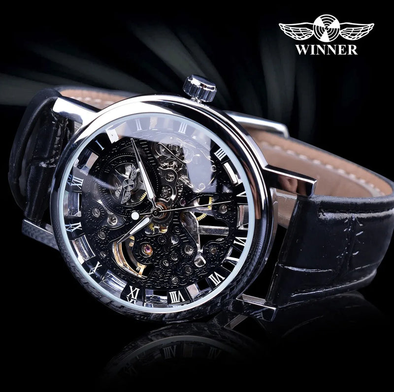 Transparent Leather Strap Skeleton Watch for Men