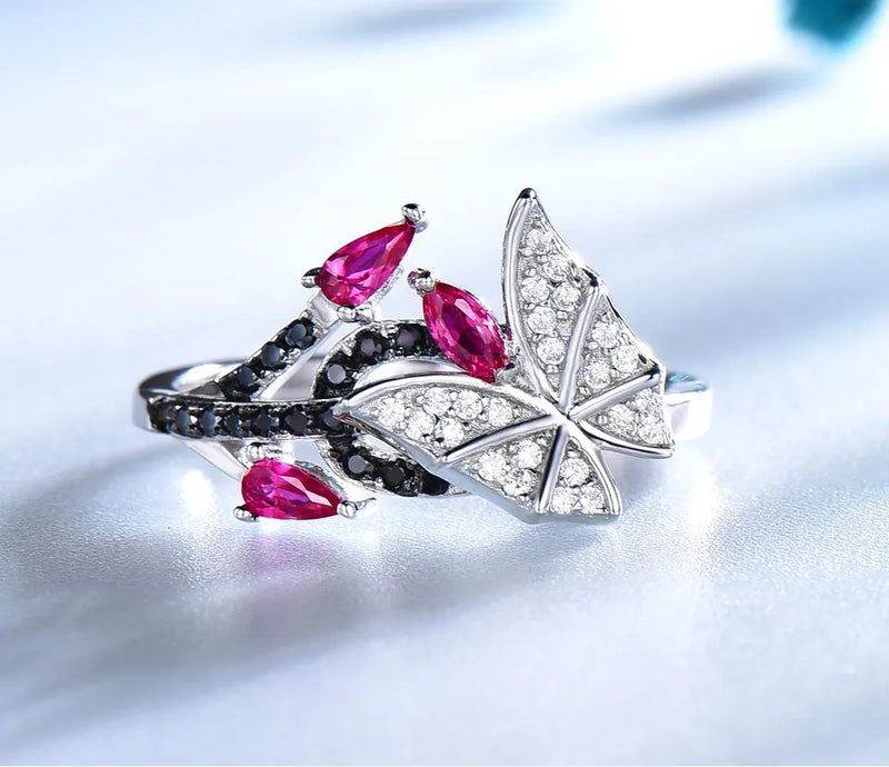 Sterling Silver Black Spinel & Ruby Butterfly Ring for Women